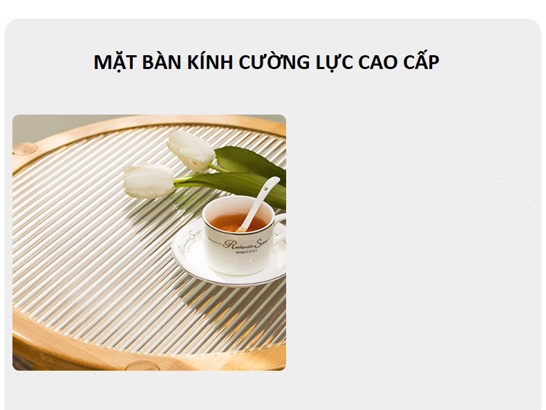 Bàn trà cafe tròn 54x50cm chất liệu gỗ phối Mây mặt kính cường lực cao cấp