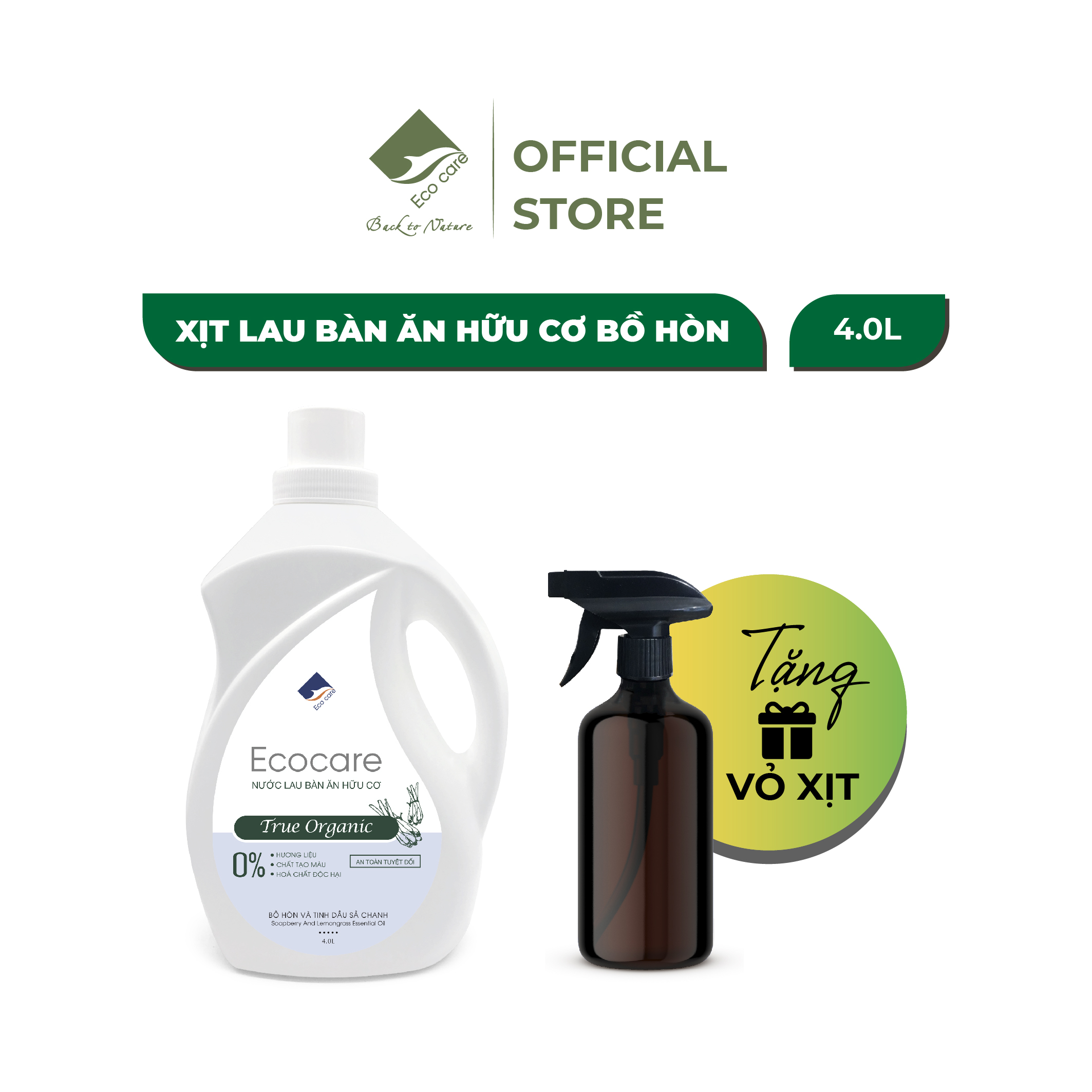 (TẶNG KÈM VỎ XỊT) Nước Lau Bàn Ăn Hữu Cơ ECOCARE 4L Quế/Sả Chanh Giúp Khử Mùi, Tẩy Vết Mốc, Ố Bẩn, Loại Bỏ Vết Dầu Mỡ