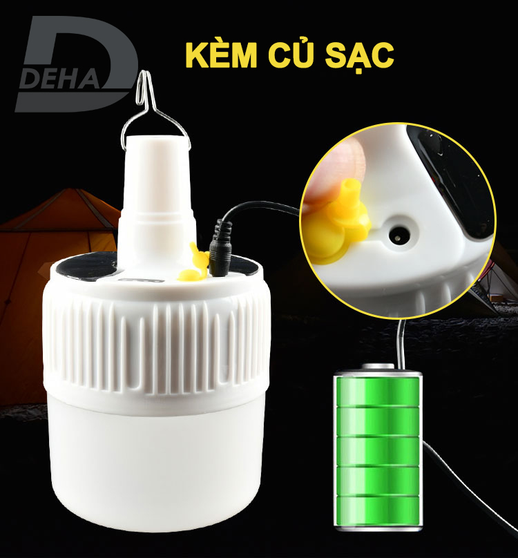 Bóng đèn Led sạc tích điện năng lượng mặt trời có móc treo, pin sạc dung lượng lớn, không cần dây điện, bulb chống nước, 100/150W chiếu sáng du lịch, cắm trại camping, quầy hàng, câu cá, sửa xe - Chính hãng DEHA