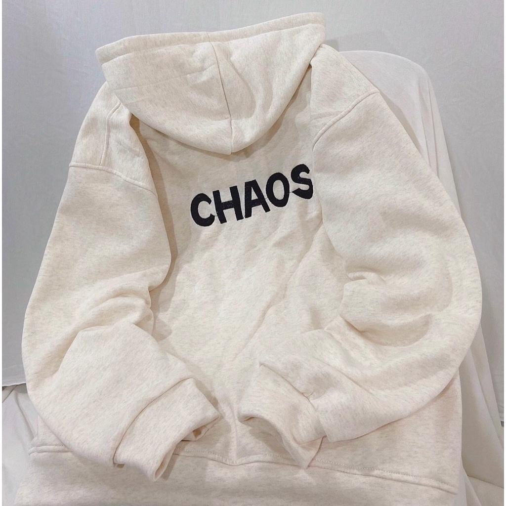 Áo khoác hoodie zip XÁM form rộng nam nữ vải nỉ lót bông thêu chữ CHAOS