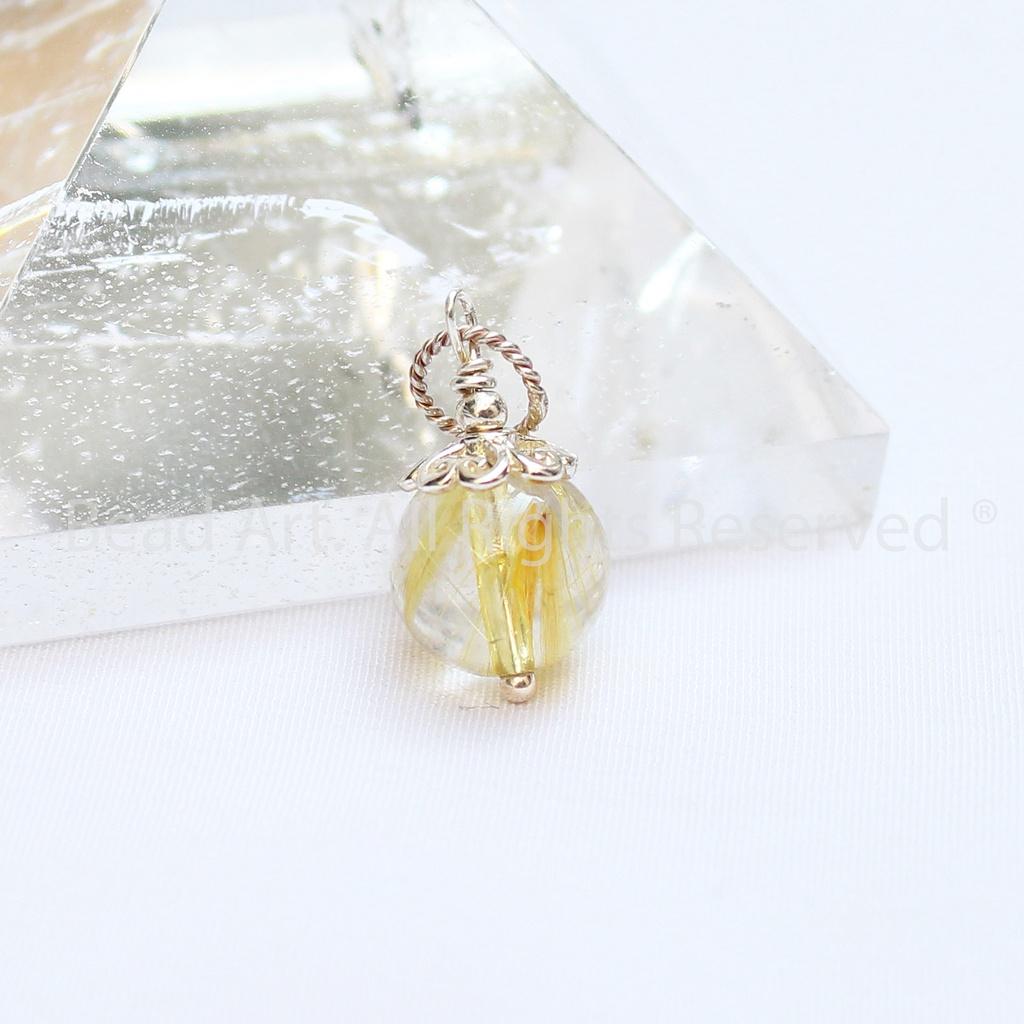 Mặt Dây Chuyền Thạch Anh Tóc Vàng Tự Nhiên 9mm Loại A, Trang Sức Đá Phong Thuỷ, Mệnh Thổ, Kim - Bead Art