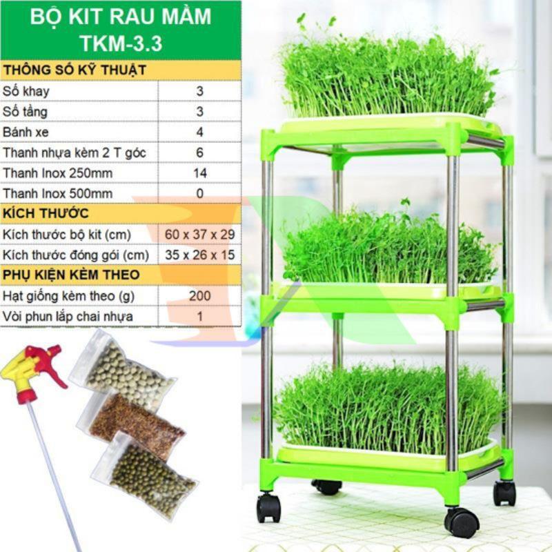 Bộ kit Khay trồng rau mầm thủy canh chuyên dụng TKM-3.3, Khay, Giá đỡ, Vòi xịt, Hạt giống