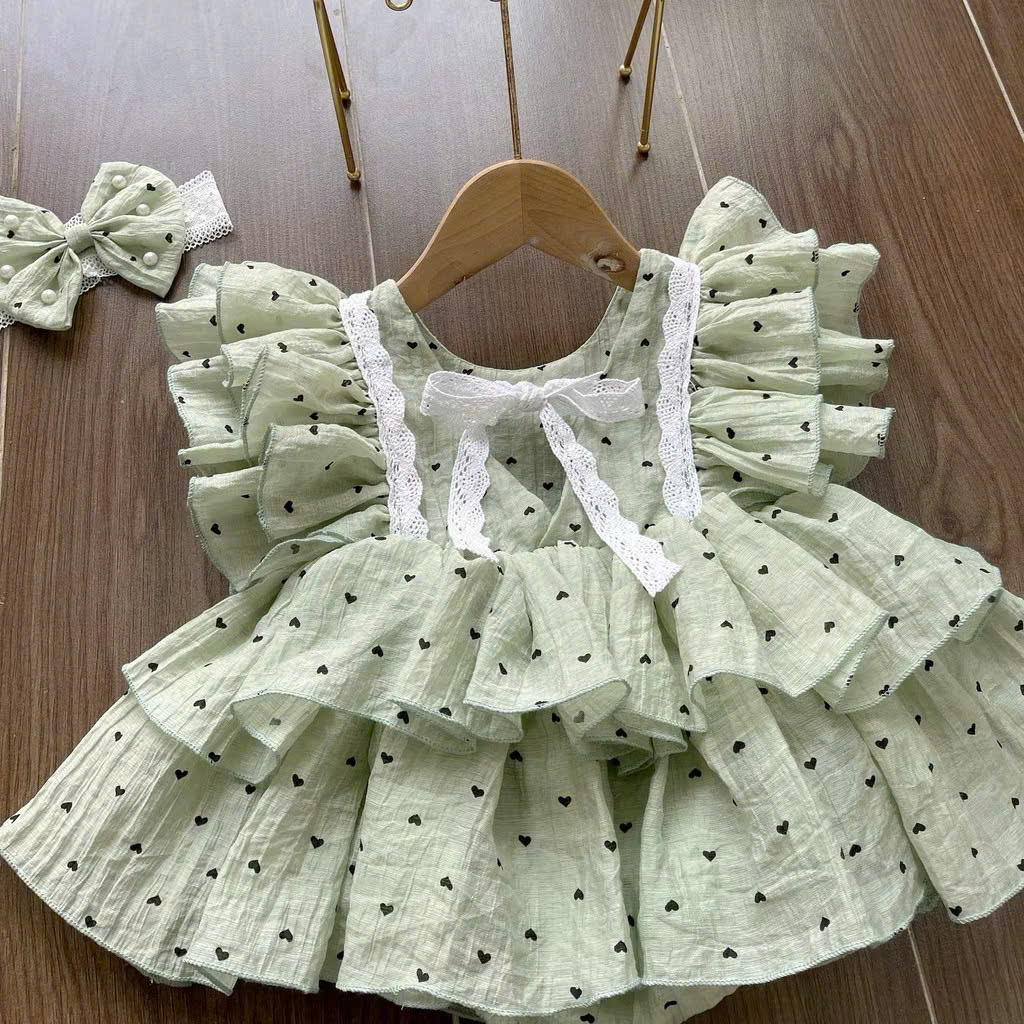 SET BODY VÁY CHẤM BI TIM MÀU XANH KÈM BĂNG ĐÔ CHO BÉ GÁI SƠ SINH 1 2 TUỔI TỪ 3-11KG DÀNH CHO BÉ GÁI