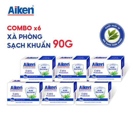 Combo 6 Xà Phòng Sạch Khuẩn Aiken Chiết Xuất Trà Xanh Thiên Nhiên 90G hộp