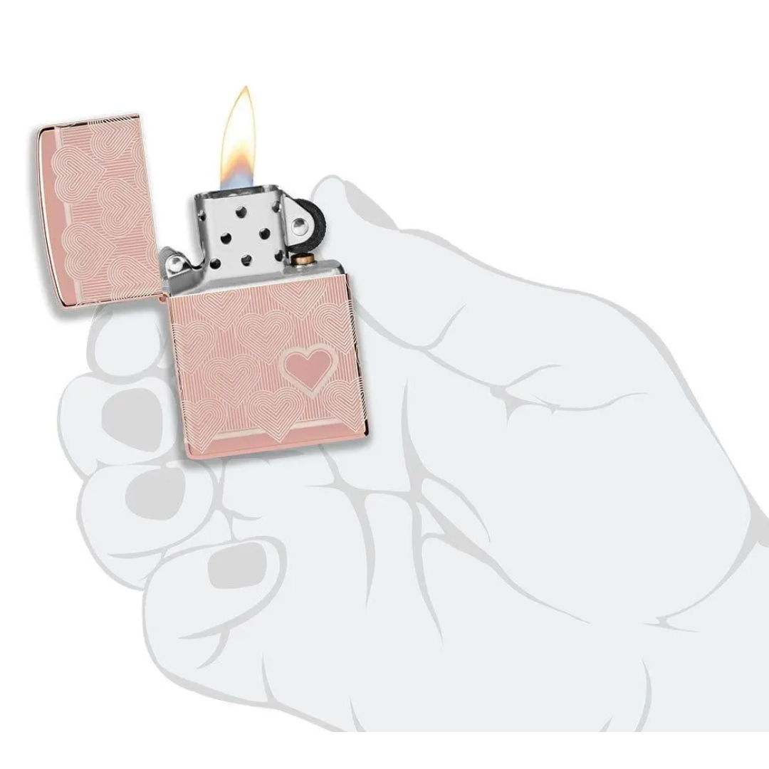 Bật Lửa Zippo Heart Design High Polish Rose Gold - Vỏ Mạ Vàng Hồng Khắc Laser 360 Độ Hình Trái Tim