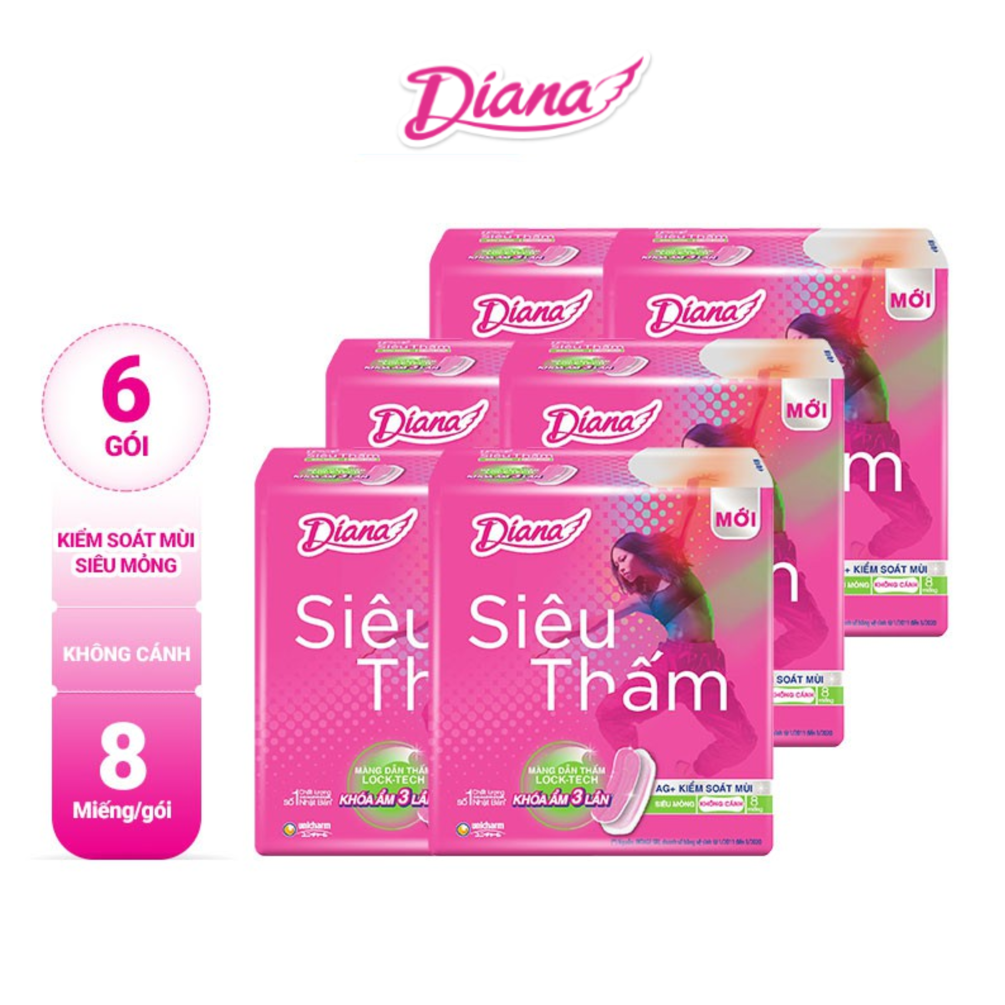 Combo 6 Băng Vệ Sinh Diana Siêu Thấm Siêu Mỏng Không Cánh (Gói 8 Miếng)