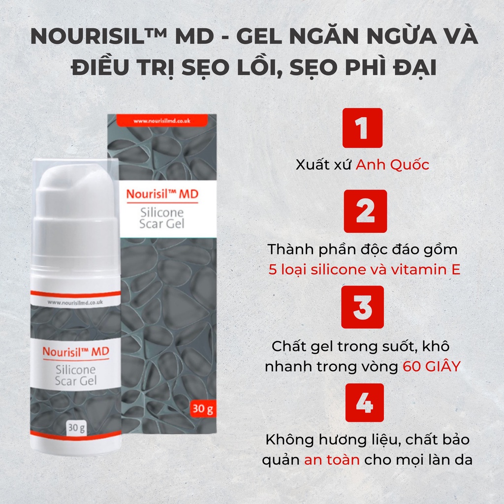 Kem sẹo Nourisil MD cao cấp - Gel sẹo silicone làm mờ và ngăn ngừa sẹo xấu hiệu quả (Chai 30g)