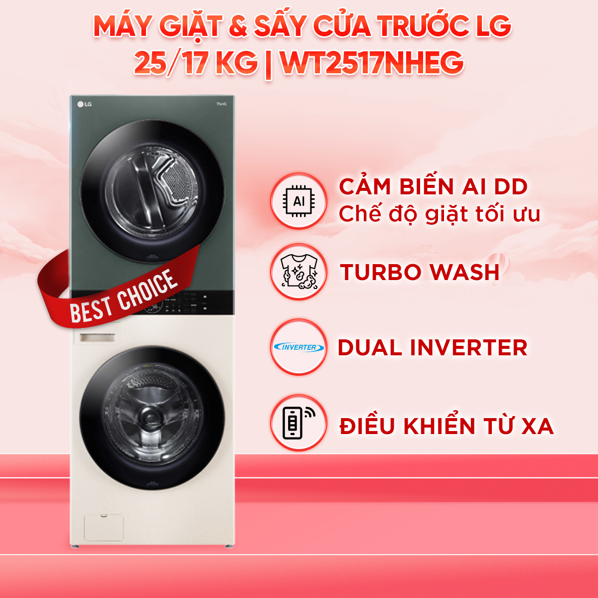 WT2517NHEG - Tháp giặt sấy LG Inverter giặt 25 kg - sấy 17 kg - Hàng Chính Hãng