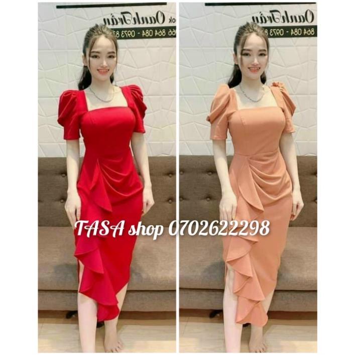 TTO-Ảnh thật Đầm Cổ Vuông Tay Phồng Lai Bèo Xếp Ly Eo Tôn Dáng dự tiệc đám cưới màu đỏ, hồng