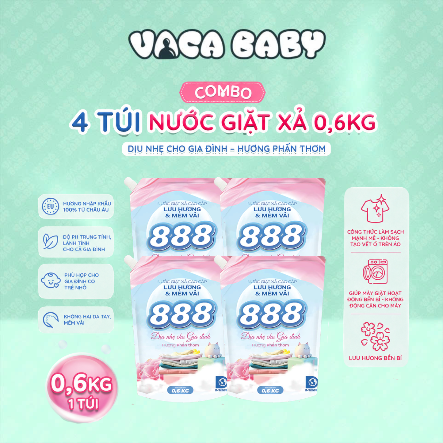Combo 4 Túi Nước Giặt Xả 888 Hương Phấn Thơm Cao Cấp 0.6kg/Túi