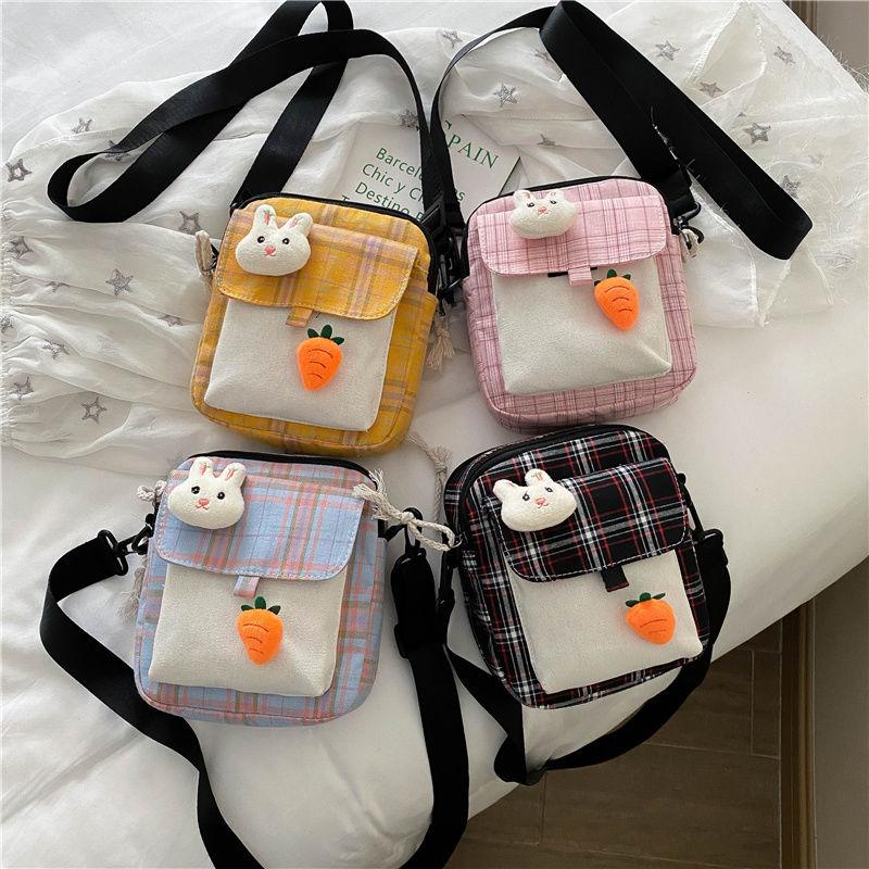 Canvas Bag All-Match Messenger Bag Cartoon Cute Plaid Shoulder Bag Fashion