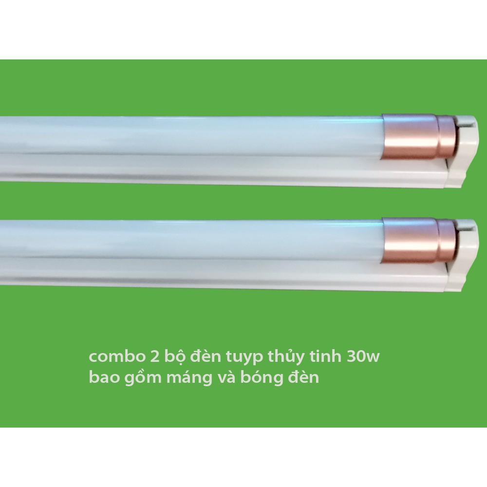 Bộ 2 đèn led Tuýp thủy tinh 30W 1,2m ánh sáng trắng và 2 máng đèn rời 1.2 mét