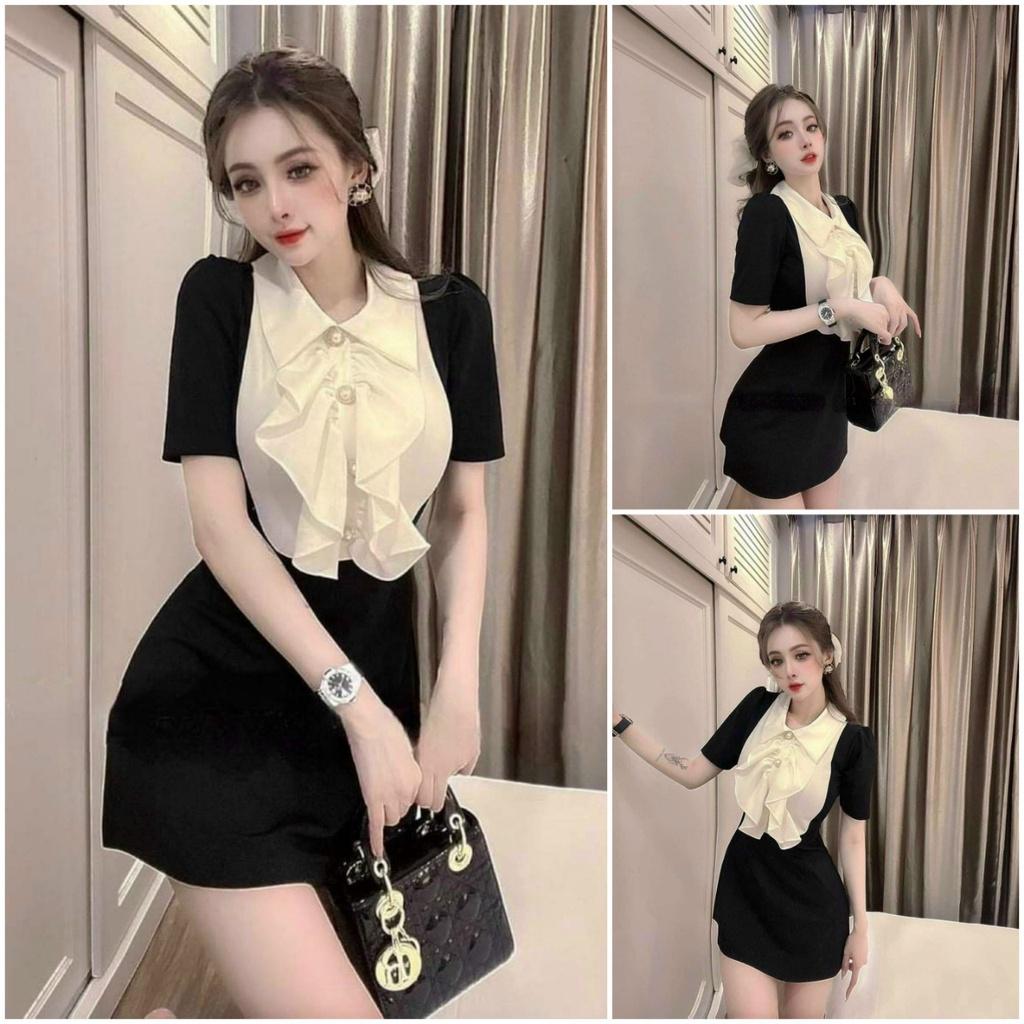 Đầm xoè phối cổ xếp bèo đính nút siêu xinh