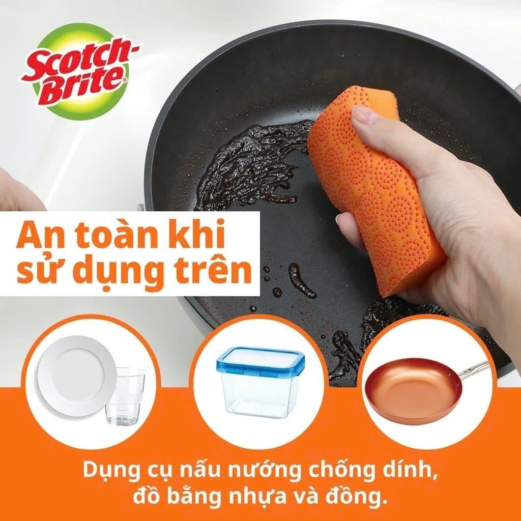 Miếng rửa chén hạt mài nổi có mút không trầy xước, màu cam, 69mm x 114mm Scotch-Brite 3M
