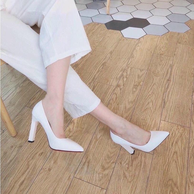 Giày cao gót da mịn trơn gót trụ nhỏ mới - 9P