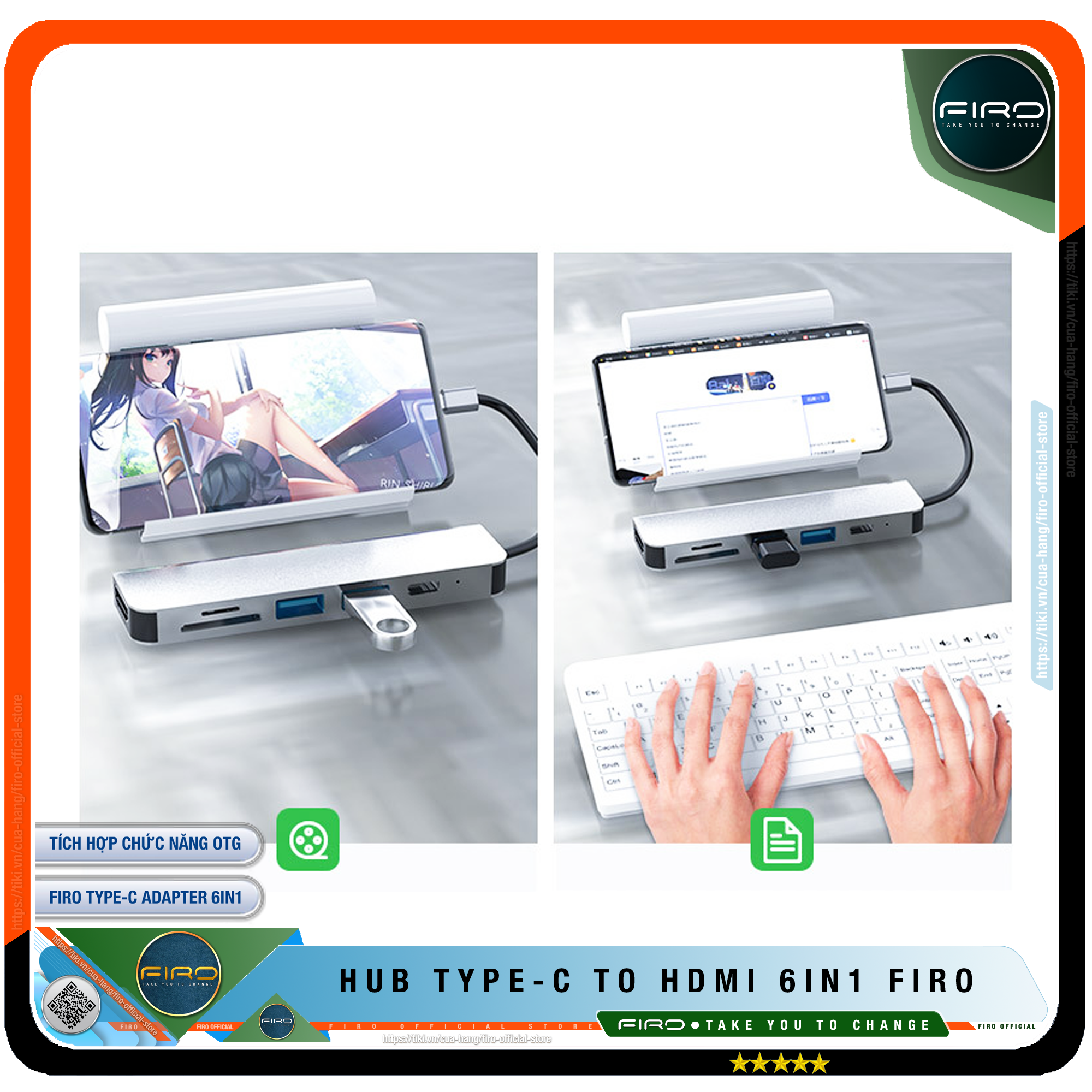 Hub Type C FIRO 6in1 - Hub Chuyển Đổi Type C To HDMI Chuẩn HDTV - 1 Cổng HDMI/HDTV 4K, 2 Cổng USB 3.0, 2 Khe Đọc Thẻ TF Và SD, 1 Cổng Sạc Nhanh Type C PD - Kết Nối Tốc Độ Cao - Dùng Cho Tivi/Laptop/Playstation/PC/Smartphone – Hàng Chính Hãng