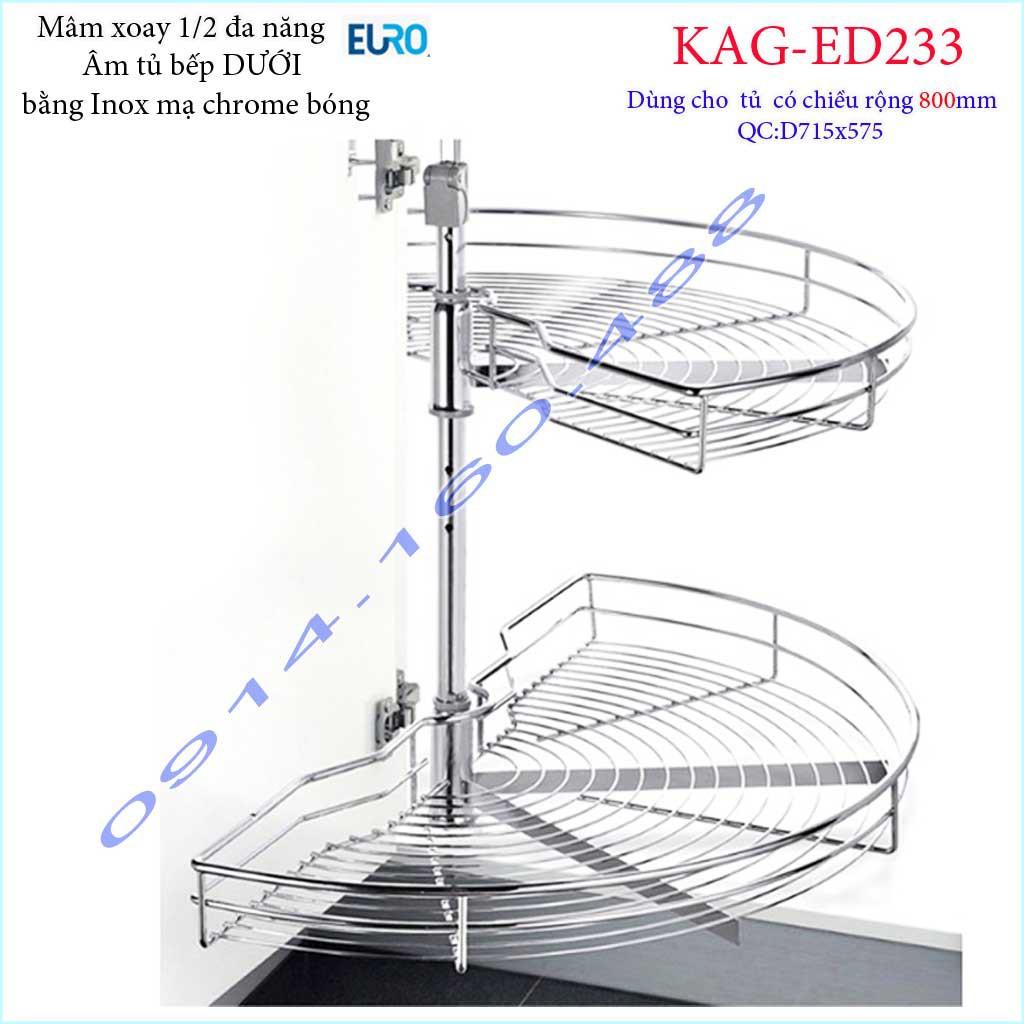 Kệ xoay bán nguyệt Euro KAG-ED233, mâm xoay inox 1.2, kệ góc xoay inox tủ bếp dưới
