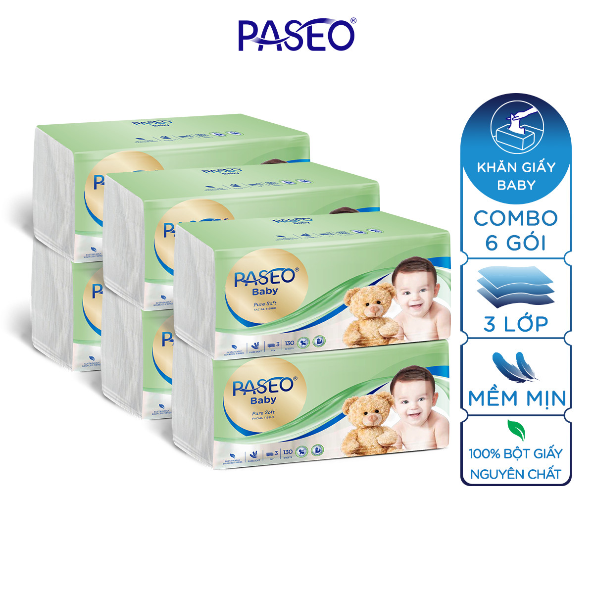 Combo 6 gói khăn giấy rút cao cấp Paseo baby siêu mềm mịn an toàn cho em bé (130 tờ 3 lớp)/gói