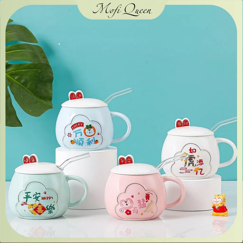 Cốc sứ có nắp, Sứ́, Quà lưu niệm, cute có nắp đậy, họa tiết bunny siêu đáng yêu 420ml