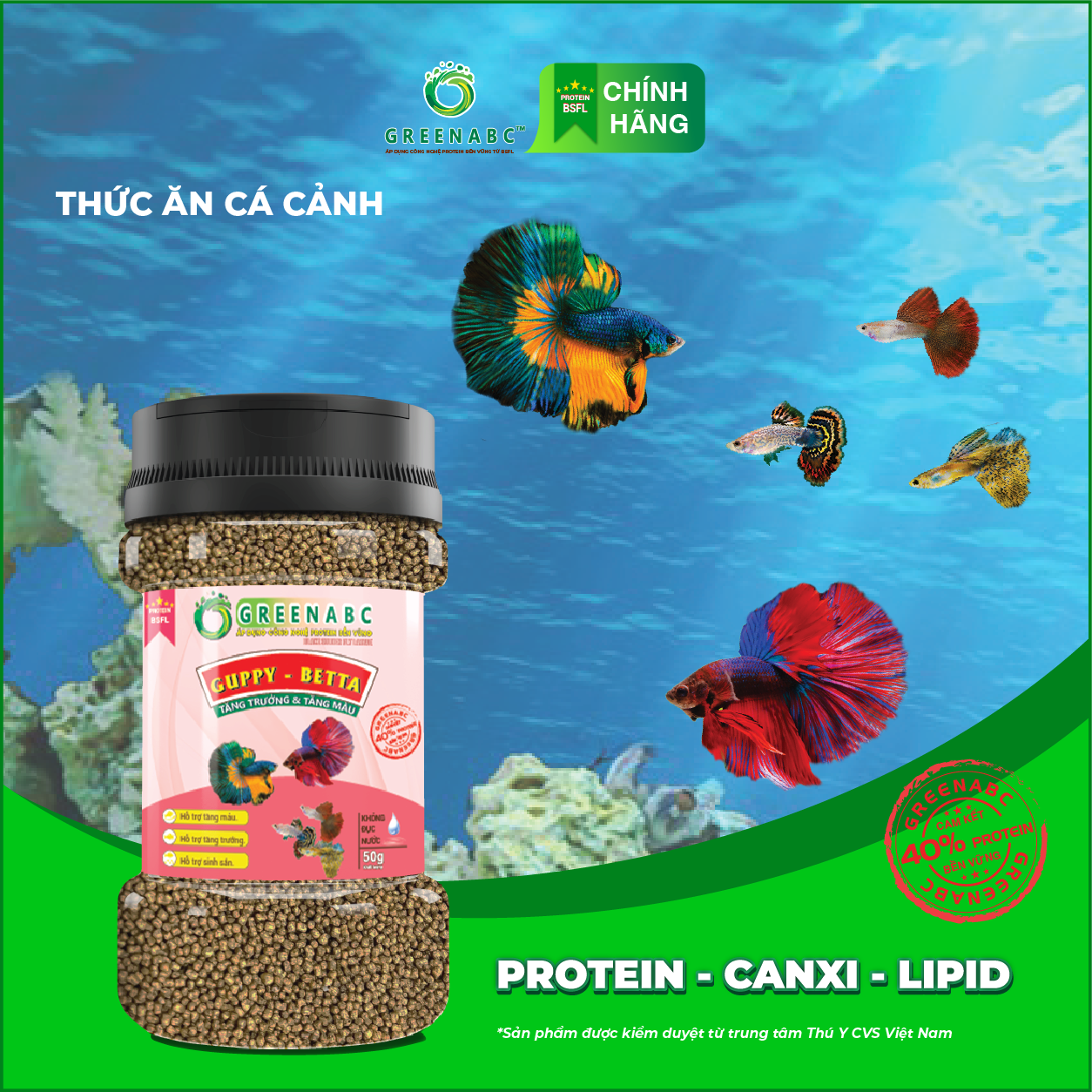 Thức ăn Cá 7 Màu GREENABC - Guppy & Betta – Hàm lượng protein 40% giúp tăng trưởng nhanh, lên màu đẹp, đề kháng tốt – Hộp 50g