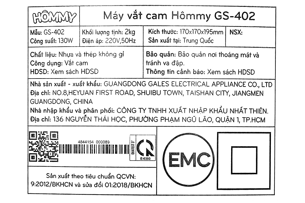 Máy vắt cam Hommy GS-402 - Hàng chính hãng