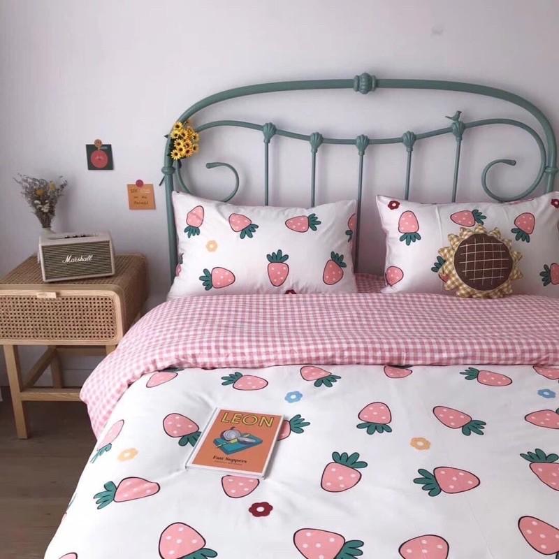 Bộ Chăn Ga Gối Cotton Living 100%cotton Hàng Nhập Khẩu Cao Cấp Dâu Tây