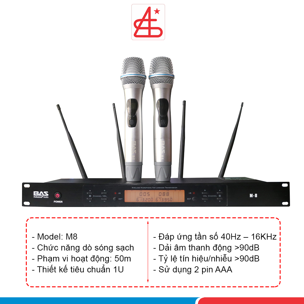 Micro không dây BAS M8,  kèm chống sốc mic, micro nhập khẩu cao cấp dành cho dàn karaoke gia đình - Hàng Chính Hãng