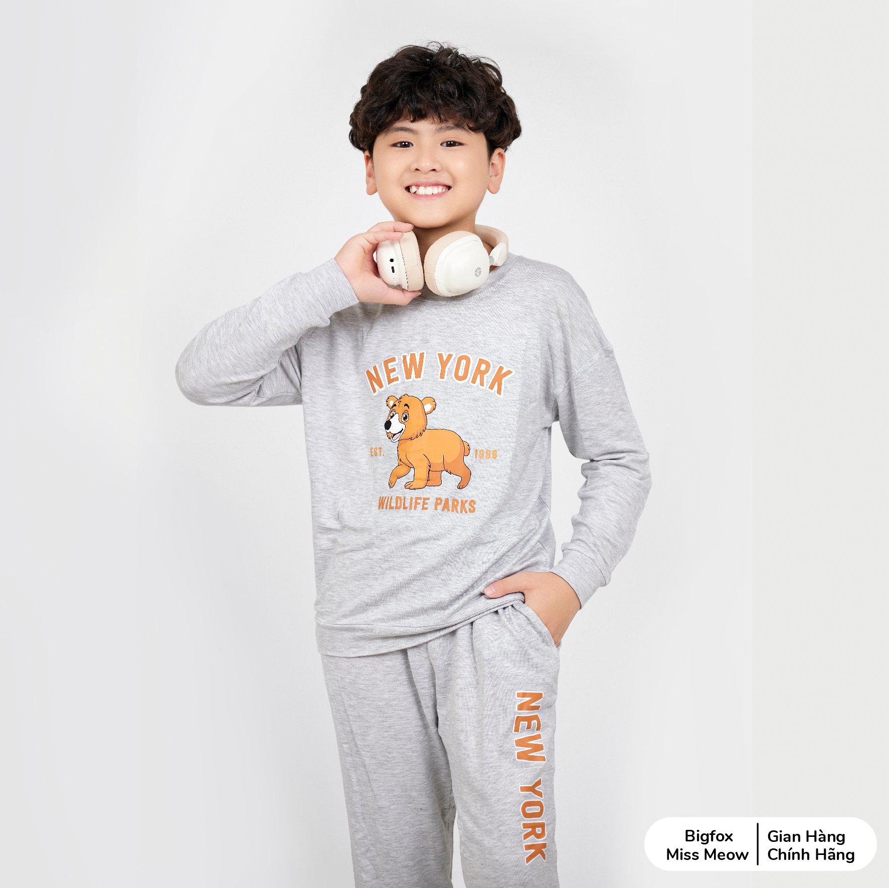 Bộ nỉ dài tay bé trai Bigfox Miss Meow mùa thu đông phong cách Hàn Quốc, size đại trẻ em 3,5,9,11 tuổi 40kg