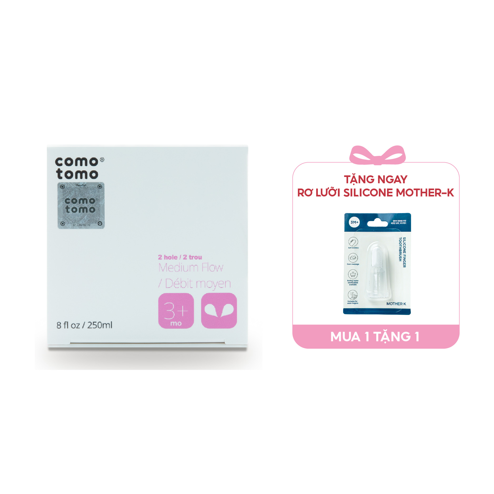 Bình sữa silicone Comotomo 250ml - Hồng Tặng Rơ lưỡi Silicone Mother-K Hàn Quốc