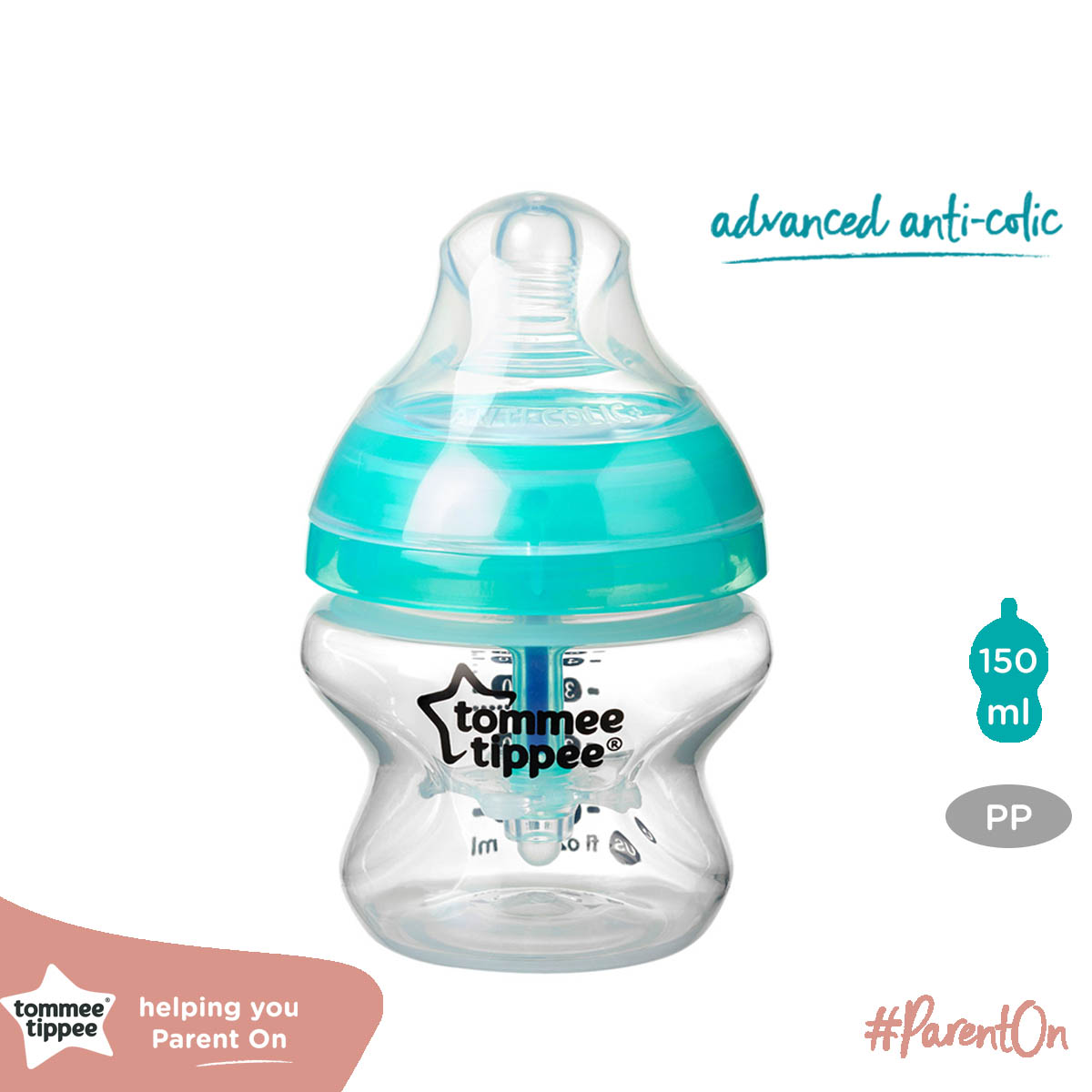 Bình sữa siêu chống đầy hơi kèm báo nhiệt Tommee Tippee Advanced Anti-Colic 150ml, núm ty đi kèm 0-3 tháng