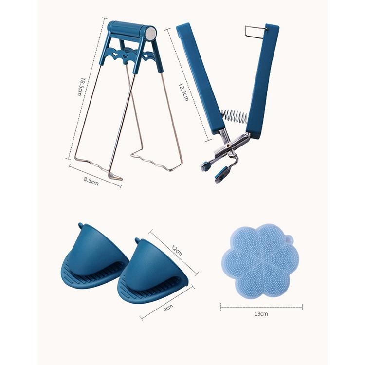 Bộ Dụng Cụ Kẹp Gắp Đồ Nóng Thức Ăn Đa Năng Inox Chống Bỏng Kèm Găng Tay, Miếng Lót Nồi Silicon