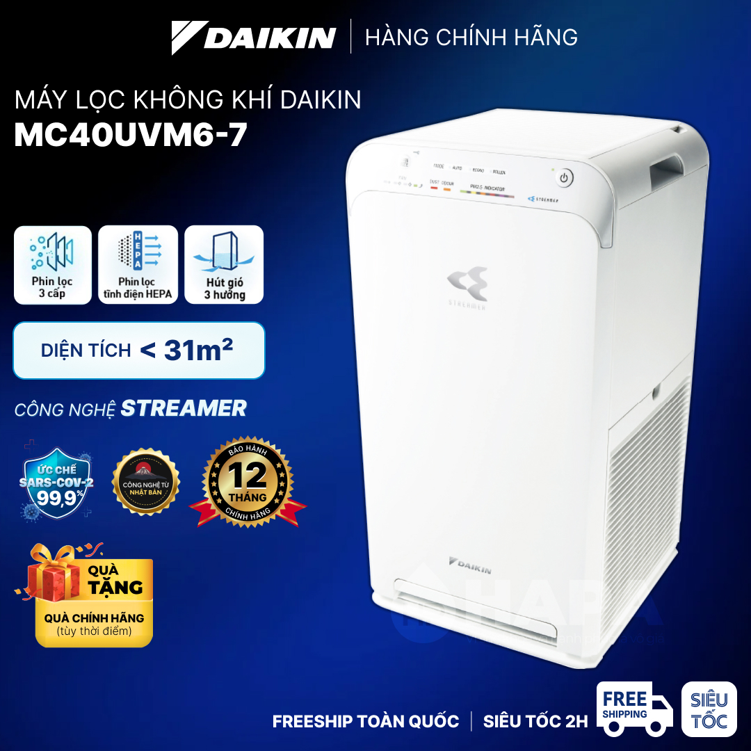 Máy Lọc Không Khí DAIKIN MC40UVM6-7 Phòng &lt; 31m2 Công nghệ HEPA + Streamer - Hàng Chính Hãng DAIKIN