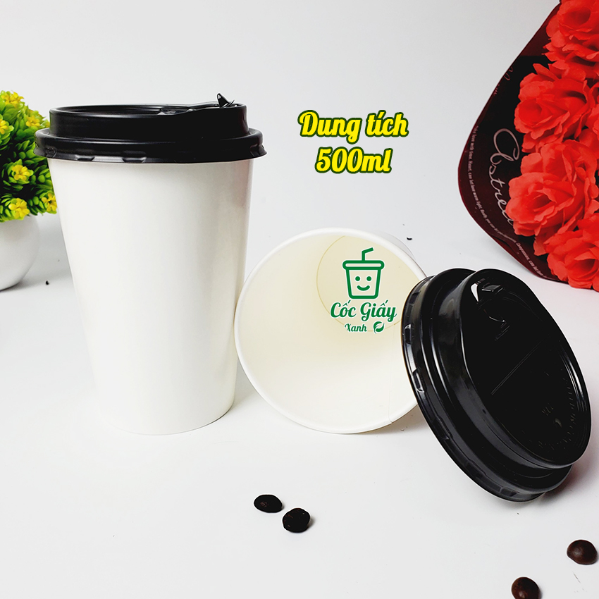 Combo 50 CỐC GIẤY XANH 500ml CÓ NẮP BẬT Dùng Để Bán Cafe, Trà Sữa Cứng Cáp, Kín Kẽ, Dày Dặn