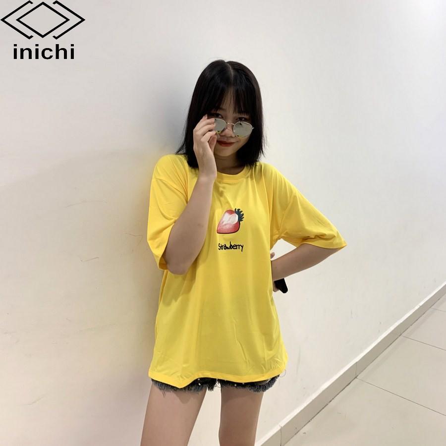Áo thun unisex INICHI tay lỡ form rộng cá tính in hình quả dâu - IC610 màu vàng