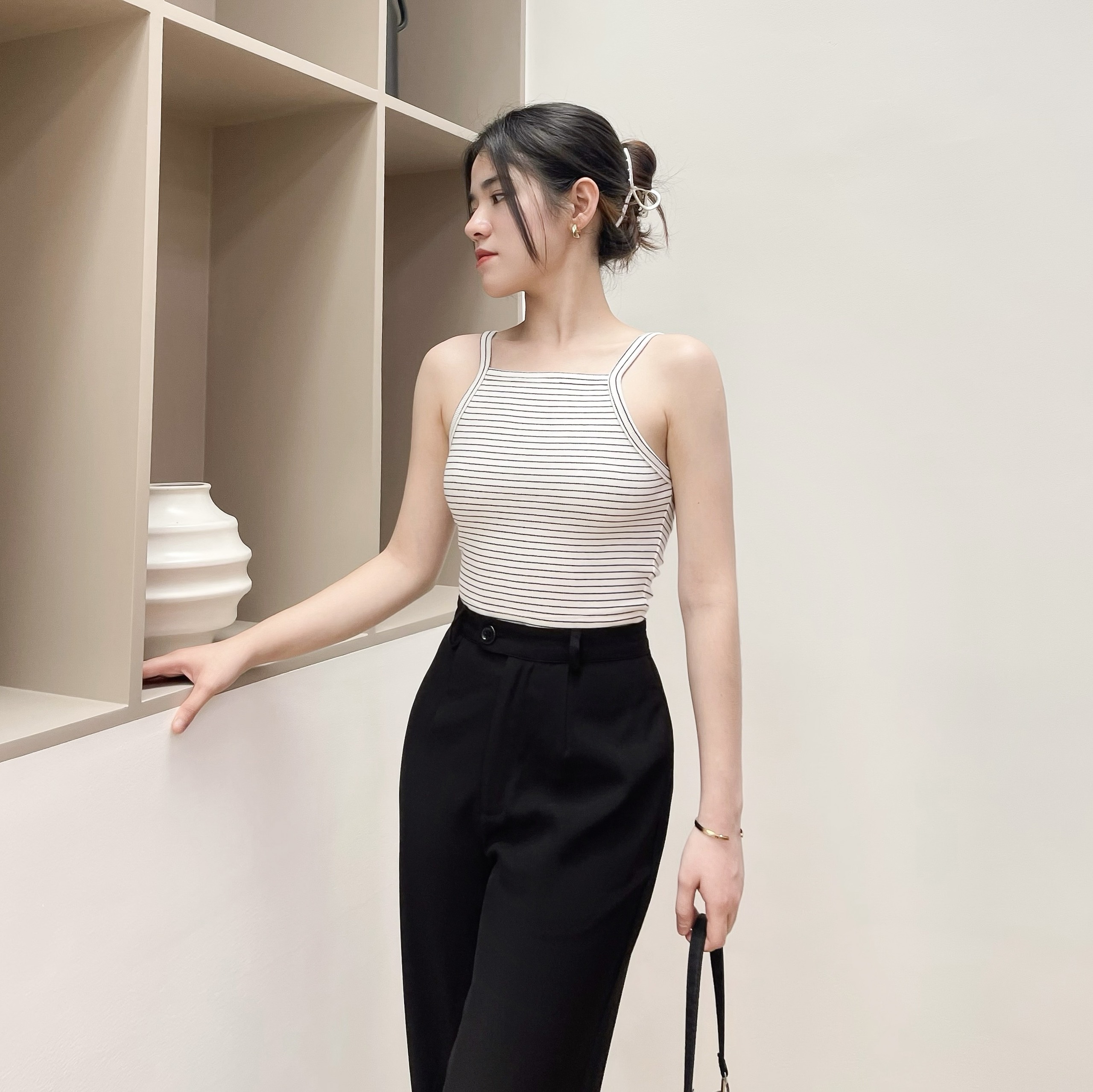 ÁO YẾM THUN GÂN BASIC THU132 SỌC ĐEN TRẮNG