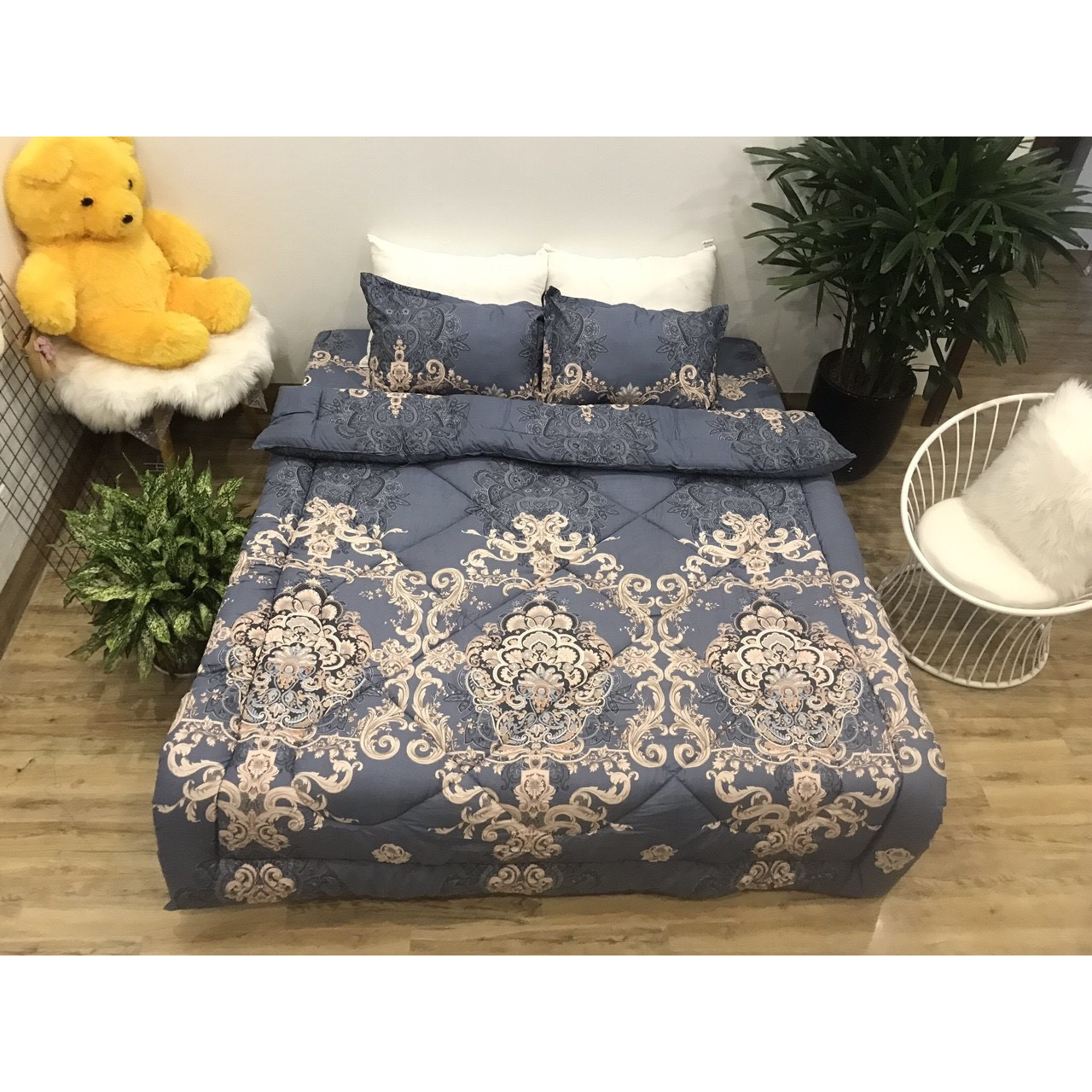 Trọn Bộ Chăn Ga Gối Poly Cotton TM001 - Chăn Chần Phao 5 Món