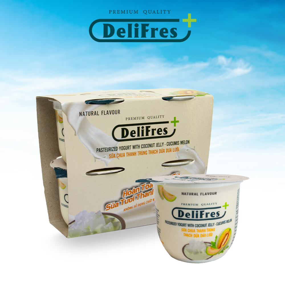 Sữa Chua Thanh Trùng DeliFres+ Thạch Dừa Dưa Lưới | Lốc 4 Hũ 80g