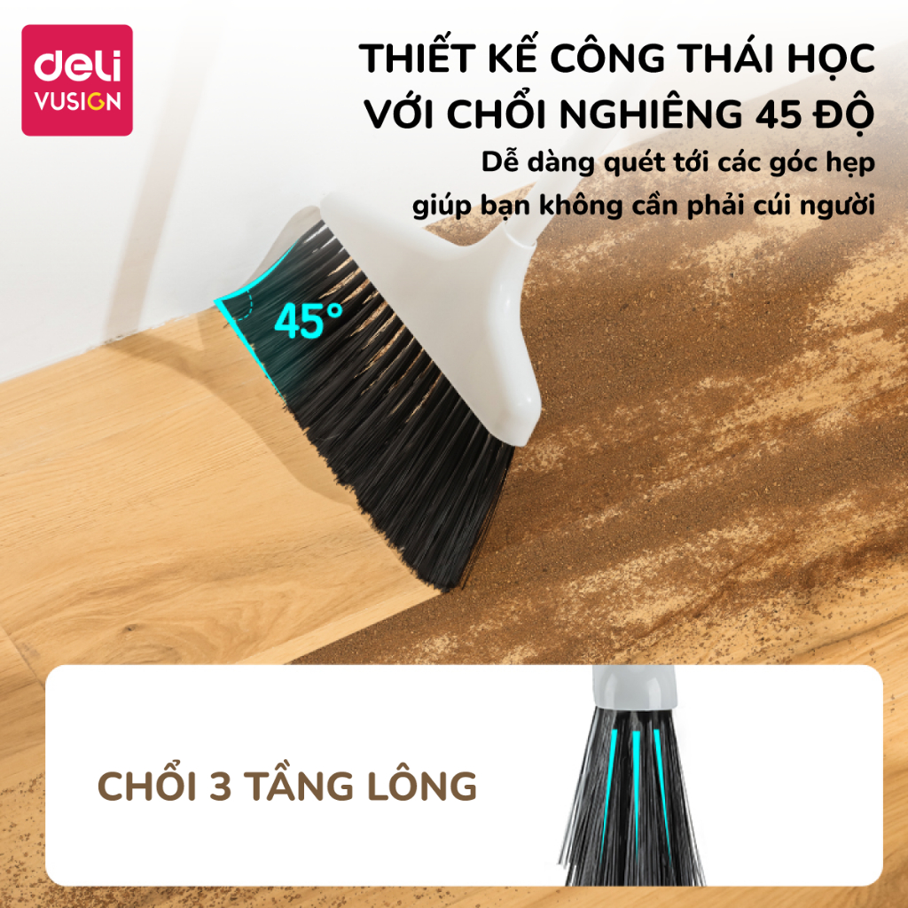 Chổi quét nhà thông minh công thái học đồ hốt rác Deli, Bộ Chổi cán dài Xẻng Ky Hốt rác