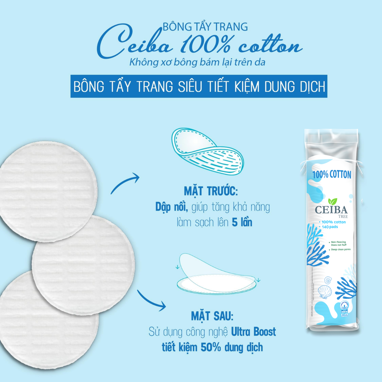 Bông Tẩy Trang Ceiba Tree Organic Pháp 100% Chất Liệu Cotton 120 Miếng