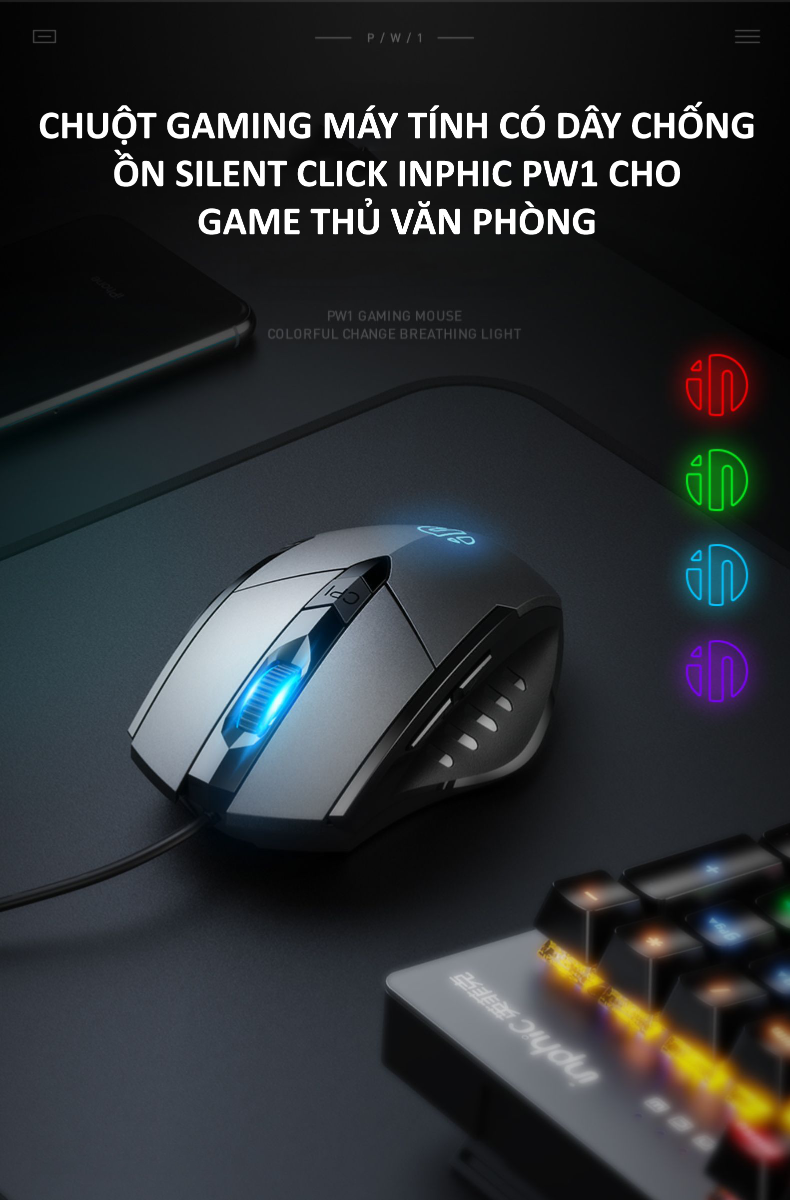 Chuột gaming máy tính có dây chống ồn silent click INPHIC PW1 đèn led 4 màu dành cho game thủ, văn phòng - Hàng Chính Hãng