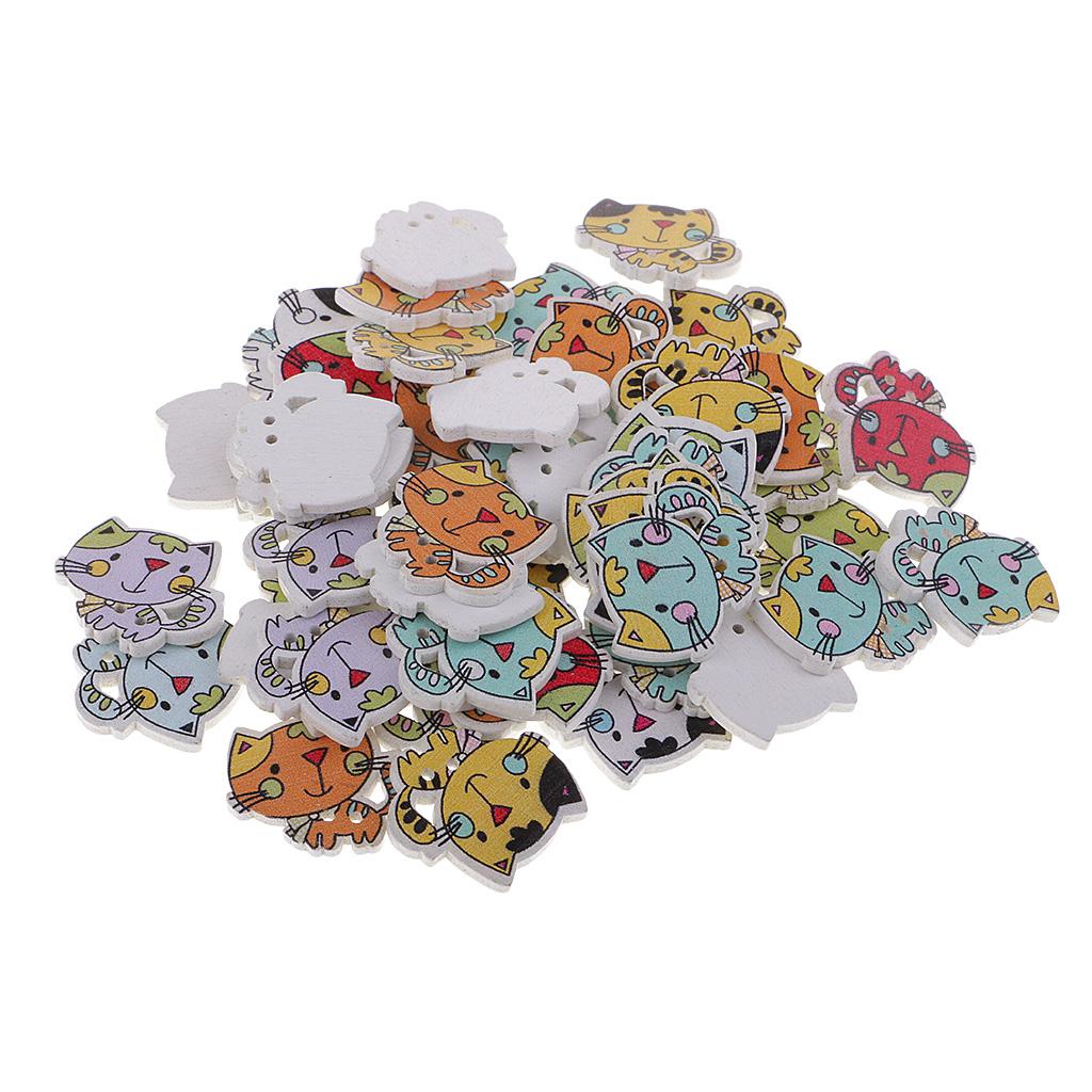 50 con Động Vật Đáng Yêu Mèo Nút Gỗ cho Trẻ Em DIY Thêu Sò 2 Lỗ