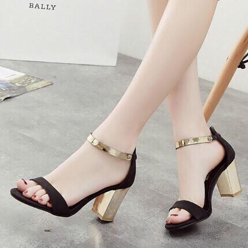 Giày cao gót 7 phân quai bản đen gót đồng LT