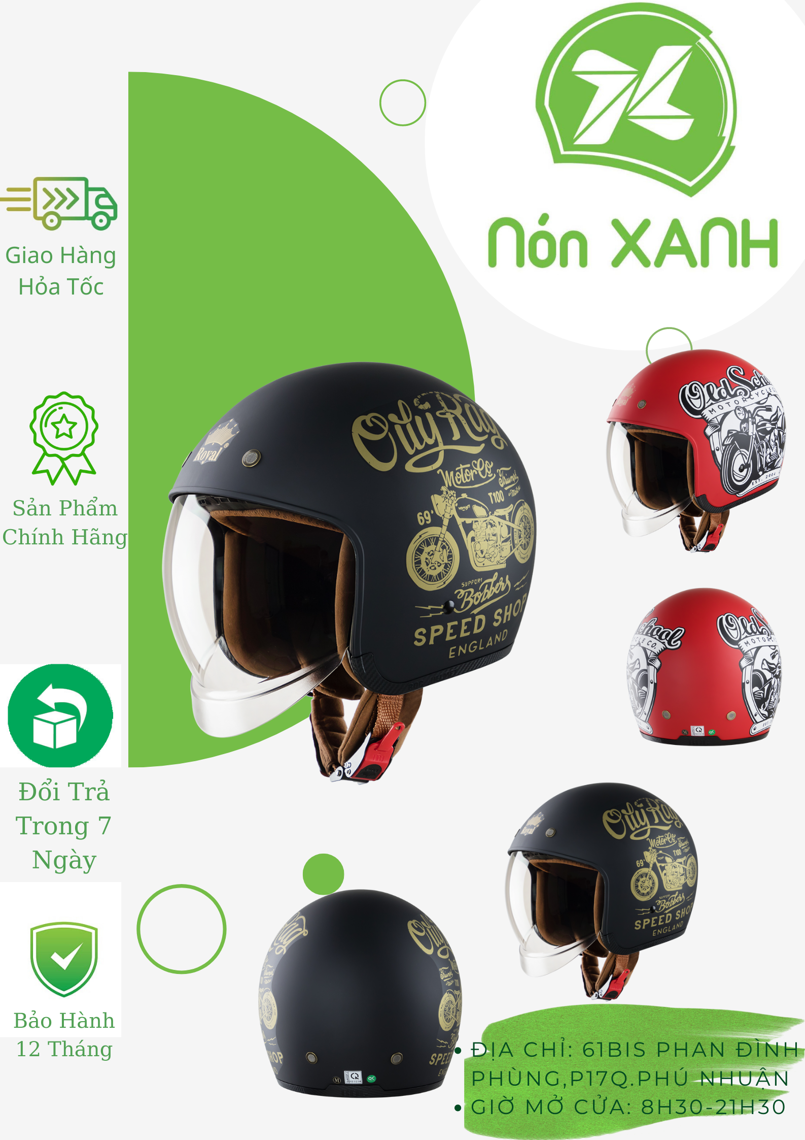 MŨ BẢO HIỂM 3/4 ROYAL M139-Tem V5-KÍNH ÂM