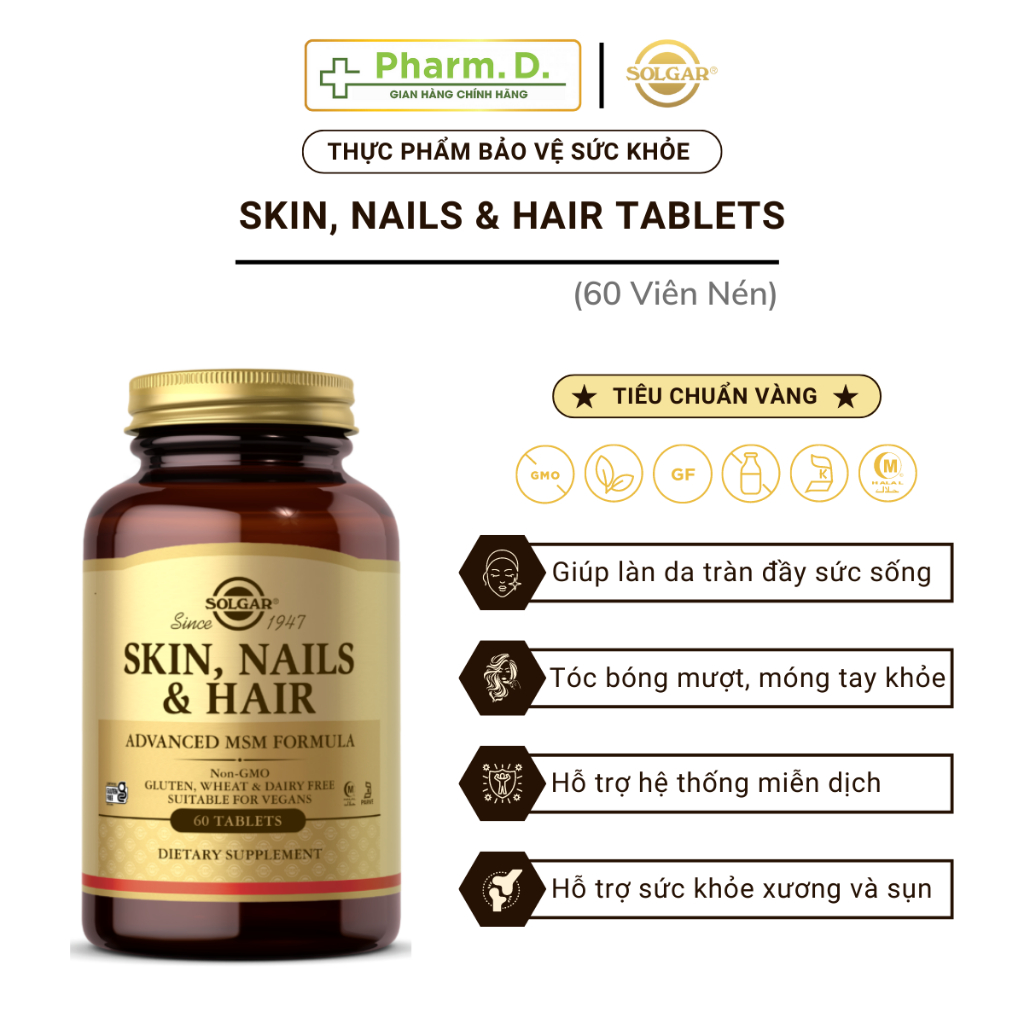 Viên Uống Solgar Skin, Nails & Hair Giúp Giảm Đẹp Da, Chắc Móng, Giảm Tóc Gãy Rụng (Hộp 60 Viên)