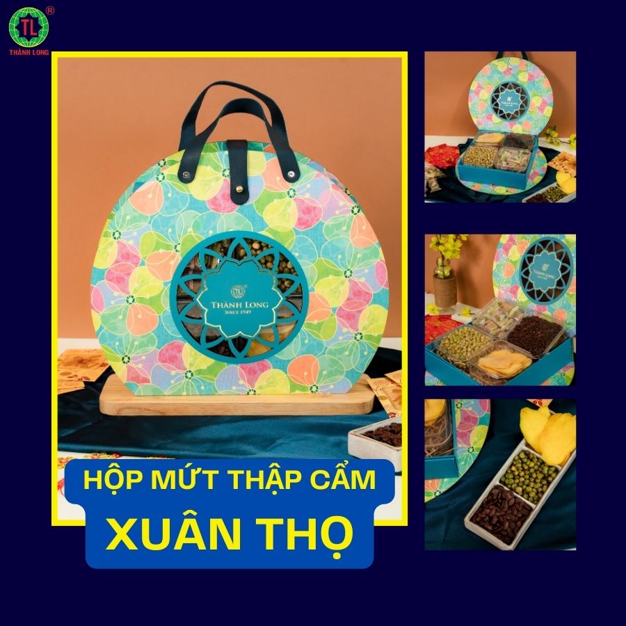 Hộp mứt thập cẩm Xuân Thọ - Thành Long mix 4 loại hà lan muối, hạt dưa, xoài sấy dẻo, mứt mãng cầu