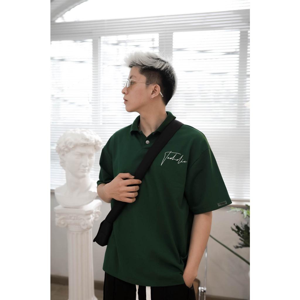 Áo Polo Unisex Form Rộng Thêu Logo TeeHolic Màu Xanh Lá