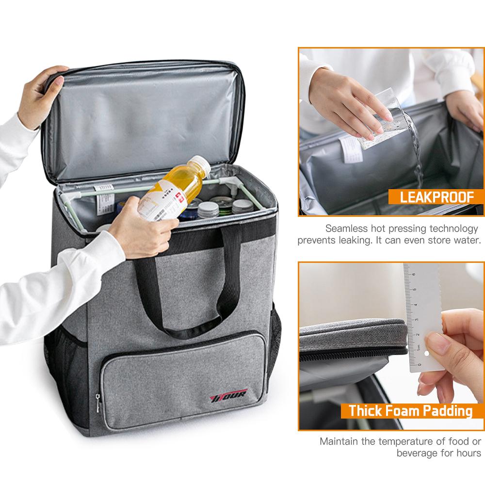 Ba lô giữ lạnh được làm bằng vải oxford chống mài mòn, đệm mút dày và màng PEVA chống thấm nước