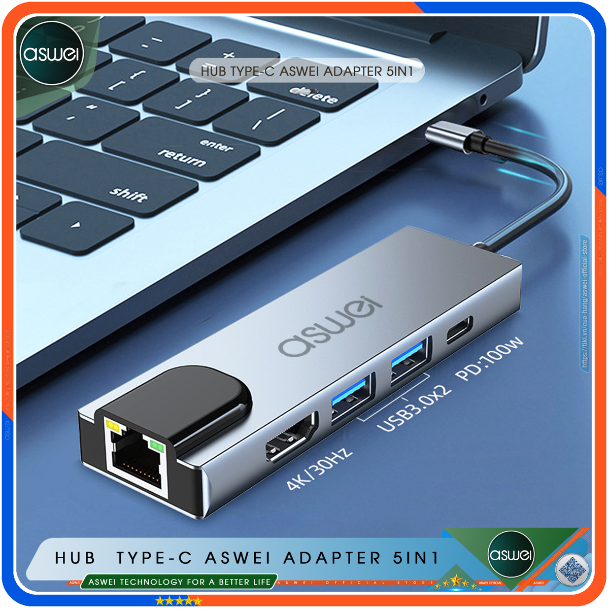 Hub Type C ASWEI 5 in 1 To HDMI, USB 3.0, Lan RJ45, PD 100W - Cổng Chia USB, Ổ Chia USB Tốc Độ Cao - Hub Chuyển Đổi USB Type C 5 Cổng - Hàng Chính Hãng