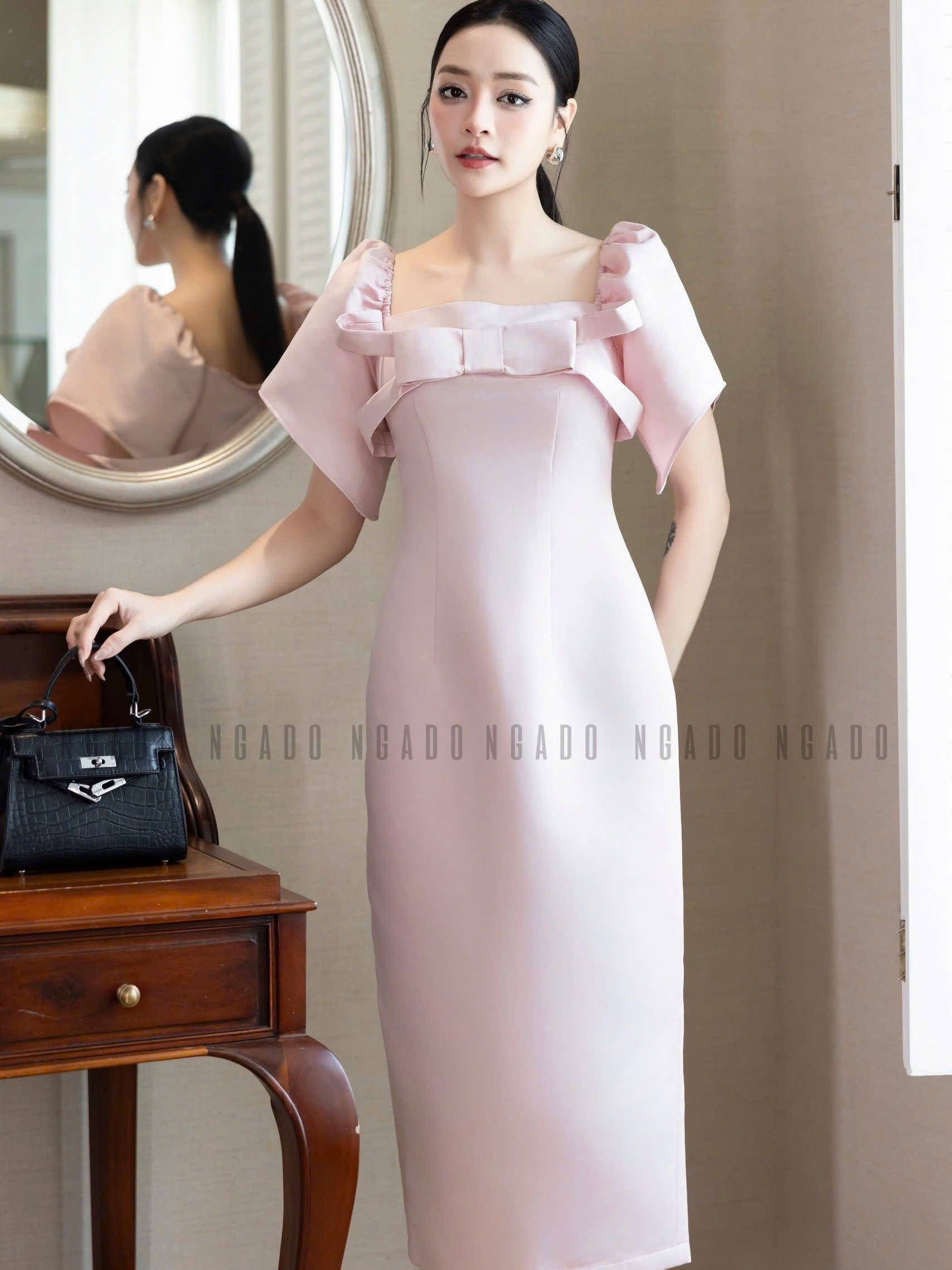 Đầm hồng cổ vuông tay phồng NGADO , đầm dự tiệc , đầm sang trọng