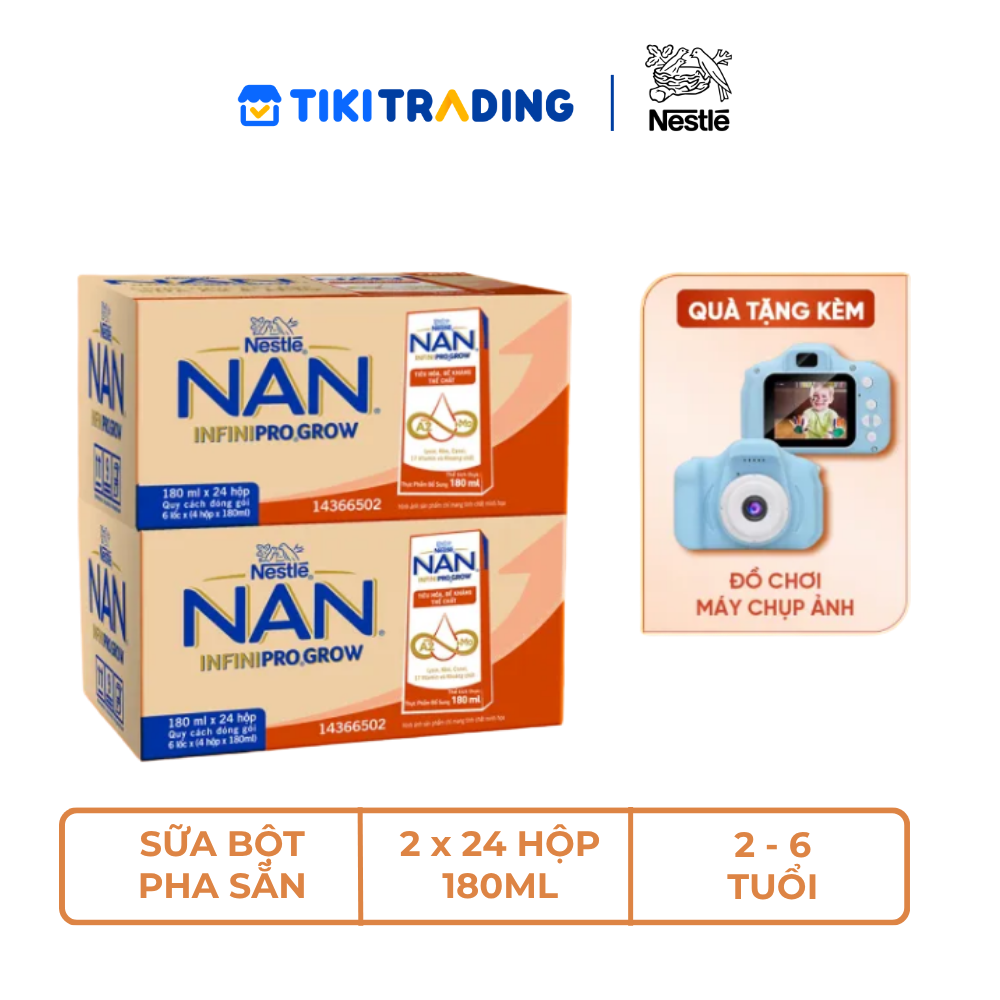 [Tặng Máy chụp ảnh] Combo 2 Thùng 24 hộp sữa pha sẵn Nestle NAN INFINIPRO GROW với công thức vượt trội kết hợp sữa A2 và HMO hỗ trợ tiêu hóa, đề kháng và phát triển thể chất (4x180ml)